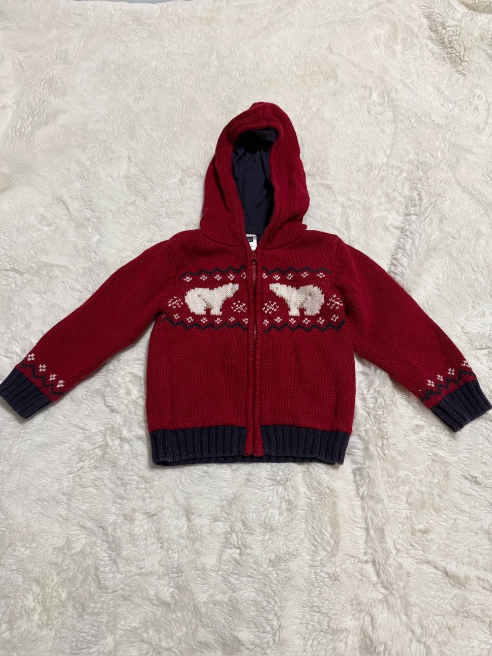 Baby Gap Toddler Lined Knit Fair Isle Polar Bear Zip-Up Hoodie Sweater 18-24M